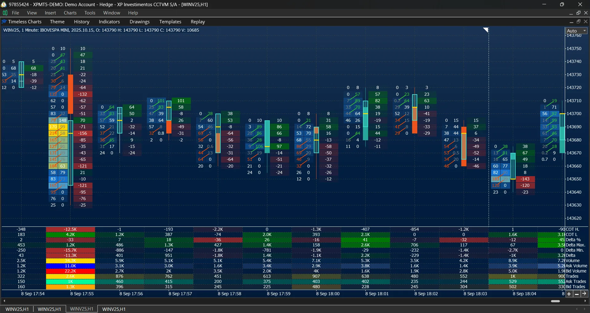 Cluster chart with bar statistics in Timeless Charts