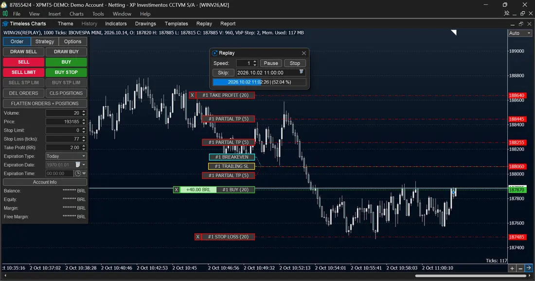 Market Replay controls with an open simulated trade in Timeless Charts